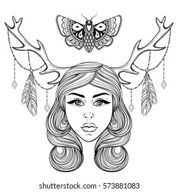 Beautiful girl with boho deer horns