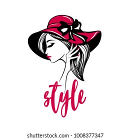 Beautiful girl with bold makeup and manicure, wearing an elegant red hat.Beauty and style vector illustration.