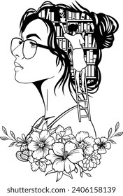 Beautiful girl with books silhouette, Floral woman, Books flowers svg