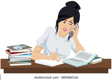 Beautiful girl with books talks on phone. Illustration concept for website and mobile website development.