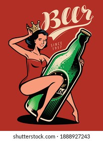 Hermosa chica con una botella de cerveza que se extrae en forma de prendedor. Vector de afiches retro