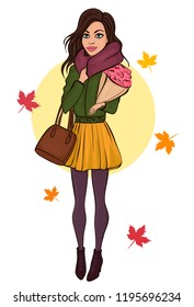 Beautiful girl with a bouquet, autumn vector illustration