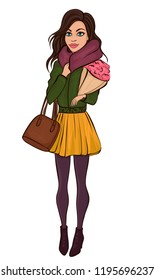 Beautiful girl with a bouquet, autumn vector illustration