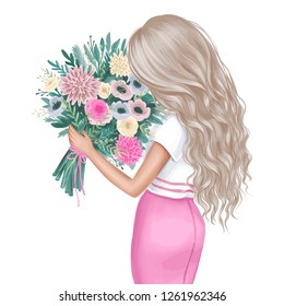 Beautiful girl with a bouquet of flowers. Back view portrait of Cute girl with curly and blonde hair. Fashion illustration. Young woman sniffs flowers. Stylish lady. Wavy hairstyle.