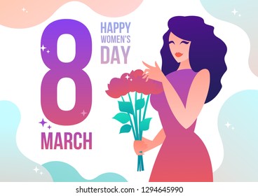 Beautiful girl with a bouquet of flowers and the inscription on March 8. Postcard for international women's day. Vector illustration