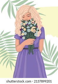 Beautiful girl with a bouquet of flowers in a purple dress. Modern vector illustration.
