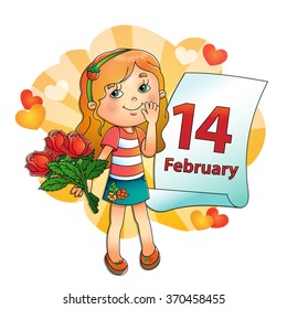Beautiful girl with bouquet of roses in his hand with a calendar.  Valentine's day. Day of lovers.