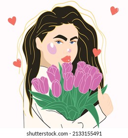 Beautiful girl with a bouquet of tulips. 8 March International womens day. Vector templates for card and poster