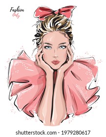 Beautiful girl with bow on her head. Fashion girl. Stylish blond hair woman. Vector illustration.