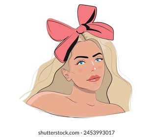 Beautiful girl with bow on her head. Fashion girl. Stylish blond hair woman. Vector illustration