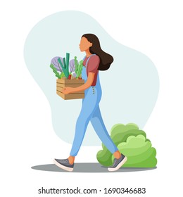 Beautiful girl with a box of fresh vegetables. Green lifestyle. Vegan food. Vector illustration.