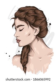 Beautiful girl with a braid. Vector illustration for a postcard or poster, print on clothes.