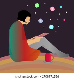 Beautiful girl in a bright plaid is reading a magic book while sitting on a rainbow in a country of magic novels. Cup of tea or cofe. World of magic and bright fireflies. Original vector illustration.