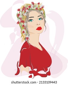 Beautiful girl in a bright red dress with a wreath on her head. Vector illustration