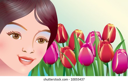 beautiful girl bright spring flowers