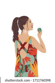 A beautiful girl in a bright sundress smile and holds an apple in her hand. Woman's hair in a ponytail, happy and eating a healthy diet, veggie. Illustration isolated on white background.