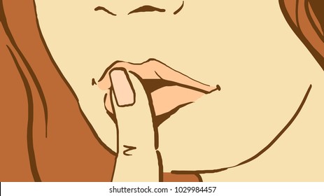 Beautiful girl brings her finger to her lips. Closeup, Lower Face. Silence Sign. Vector sketch of woman in pastel colors. 