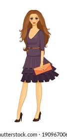 Beautiful girl with brown hair wearing dress flat vector illustration