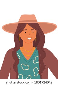 Beautiful girl in a brown hat on a white background. Stylish portrait of young woman flat style. Smiling female character wearing in aquamarine blouse and a wide brim headdress. Elegant pretty girl