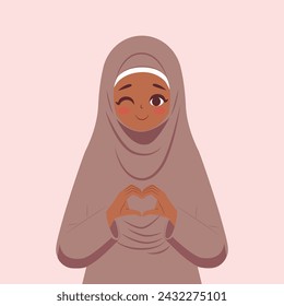 Hermosa chica en hijab marrón. Las mujeres con ropa religiosa islámica formaron el corazón con ambas expresiones de las manos. Diseño plano, cartel para el día mundial del hijab. 