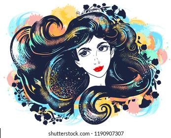 Beautiful girl brunette and flowers two color tattoo watercolor splashes style.  Goddess art. Magic woman, black hair, symbol of spa, beauty salon, fashion face, lady t-shirt design 