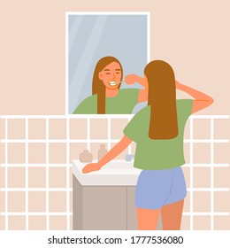 Beautiful girl brushing her teeth in front of the bathroom mirror. A young woman in shorts and a t-shirt washes her face. Cute cartoon vector illustration.