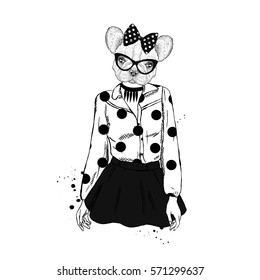 Beautiful girl Bulldog in skirt and blouse. The man with the dog's head. Vector illustration.