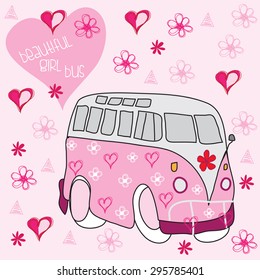 beautiful girl bus with flowers and hearts vector illustration