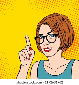 Beautiful Girl Business Coach Woman With Index Finger. Retro Pop Art Style. Businesswoman Gesture Mentor Teacher. Cartoon Vector Illustration