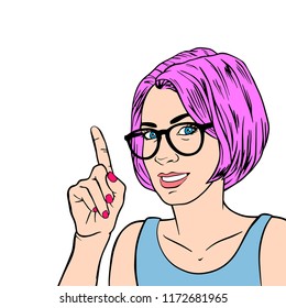 Beautiful girl business coach woman with index finger. Retro pop art style. Businesswoman gesture mentor teacher. Cartoon vector illustration
