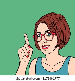 Beautiful girl business coach woman with index finger. Retro pop art style. Businesswoman gesture mentor teacher. Cartoon vector illustration
