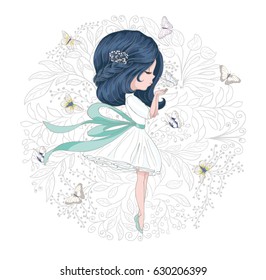 Beautiful girl with butterflies and flowers vector design.