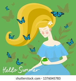 Beautiful girl with  butterflies on her head. Vector illustration.