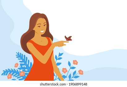 Beautiful girl with a butterfly on a background of flowers and plants. Red dress. A happy smile on his face. Vector flat illustration about beauty and care for nature.
