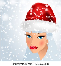 Beautiful girl in the cap of Santa Claus on the background of falling snow at Christmas. Winter Holiday and New Year. Illustration, vector