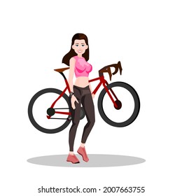 Beautiful girl carrying a lightweight road bike.Isolated vector illustration on a white background..Eco transport.Cute design for t shirt print, icon, logo, label patch or sticker.