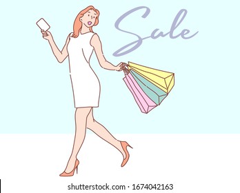 Beautiful girl is carrying a shopping bag and smiling happily. Background of the advertisement banner is on sale. Hand drawn thin line style, vector illustrations.