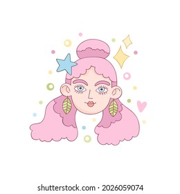 Beautiful girl. Cartoon character. Crazy hairstyle model art. Hearts, stars, dots and sparkles. Isolated vector object on white background.