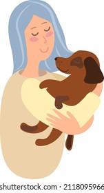 Beautiful girl cartoon character embracing domestic animal. Pet love and care. Female holding hugging puppy vector illustration on white background. Emotions sweet animal love