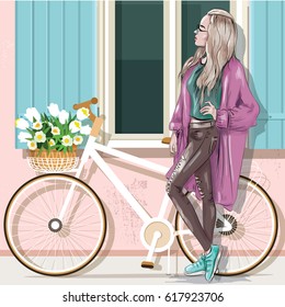 Beautiful girl in casual clothes with bicycle and building facade. Vector illustration.