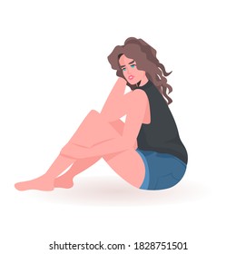 beautiful girl in casual clothes female cartoon character sitting pose full length vector illustration