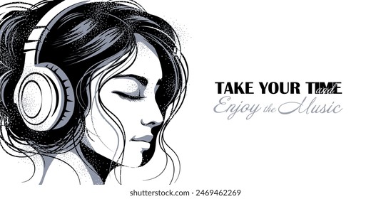 Beautiful girl with a casual hairstyle and closed eyes enjoys music on headphones and smiles. Solitude, escapism, meditation. Vector monochrome poster