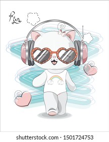 the beautiful girl cat, kitten, in a bathing suit, headphones and sunglasses. The picture in hand drawing style, can be used  for t-shirt print, wear fashion design, greeting card.
