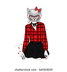 Beautiful girl - cat in a skirt and blouse. Girl with a cat head. Vector illustration.