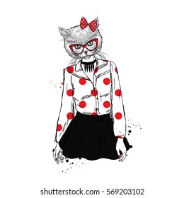 Beautiful girl - cat in a skirt and blouse. Girl with a cat head. Vector illustration.
