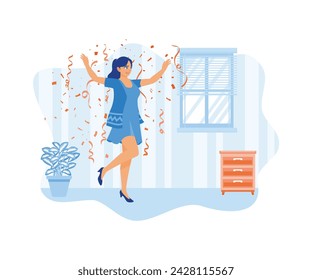 Beautiful girl celebrating a party at home. Jump under the confetti that falls flying. Celebration concept. Flat vector illustration.