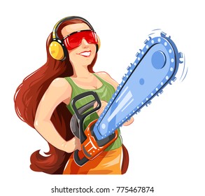 Beautiful girl with chain saw. Work Occupation. Womans profession cutting tool. Worker Isolated white background. Vector illustration. svg