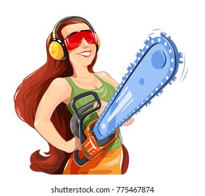 Beautiful girl with chain saw. Work Occupation. Womans profession cutting tool. Worker Isolated white background. Vector illustration.