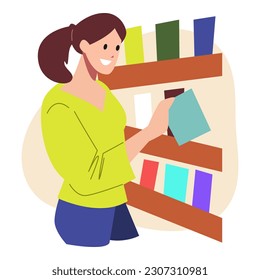beautiful girl character is picking up a book on the bookshelf. teenager in the library. cartoon flat vector illustration