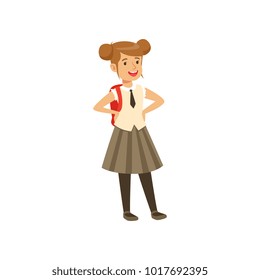 Beautiful girl character in school uniform with backpack vector Illustration